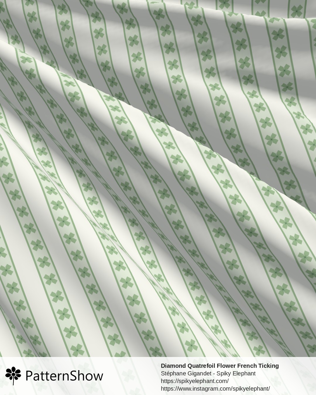Diamond Quatrefoil Flower French Ticking Stripes - Green Cream
