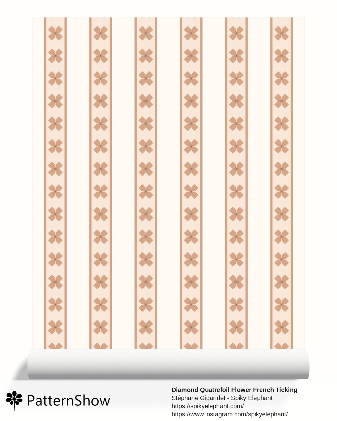Diamond Quatrefoil Flower French Ticking Stripes wallpaper - Soft Terracotta Orange Cream