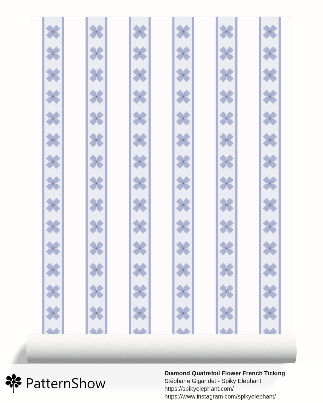Diamond Quatrefoil Flower French Ticking Stripes wallpaper - Soft Periwinkle Violet Cream