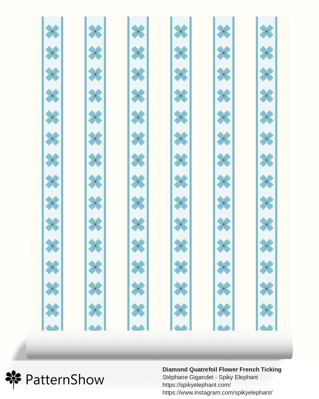 Diamond Quatrefoil Flower French Ticking Stripes wallpaper - Soft Light Blue Yellow Butter Cream