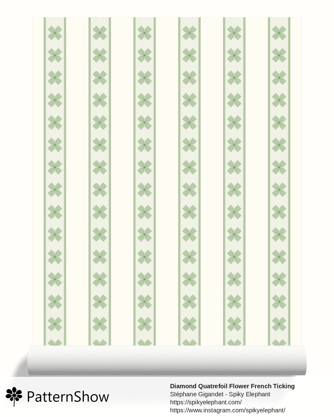 Diamond Quatrefoil Flower French Ticking Stripes wallpaper - Sage Green Yellow Butter Cream