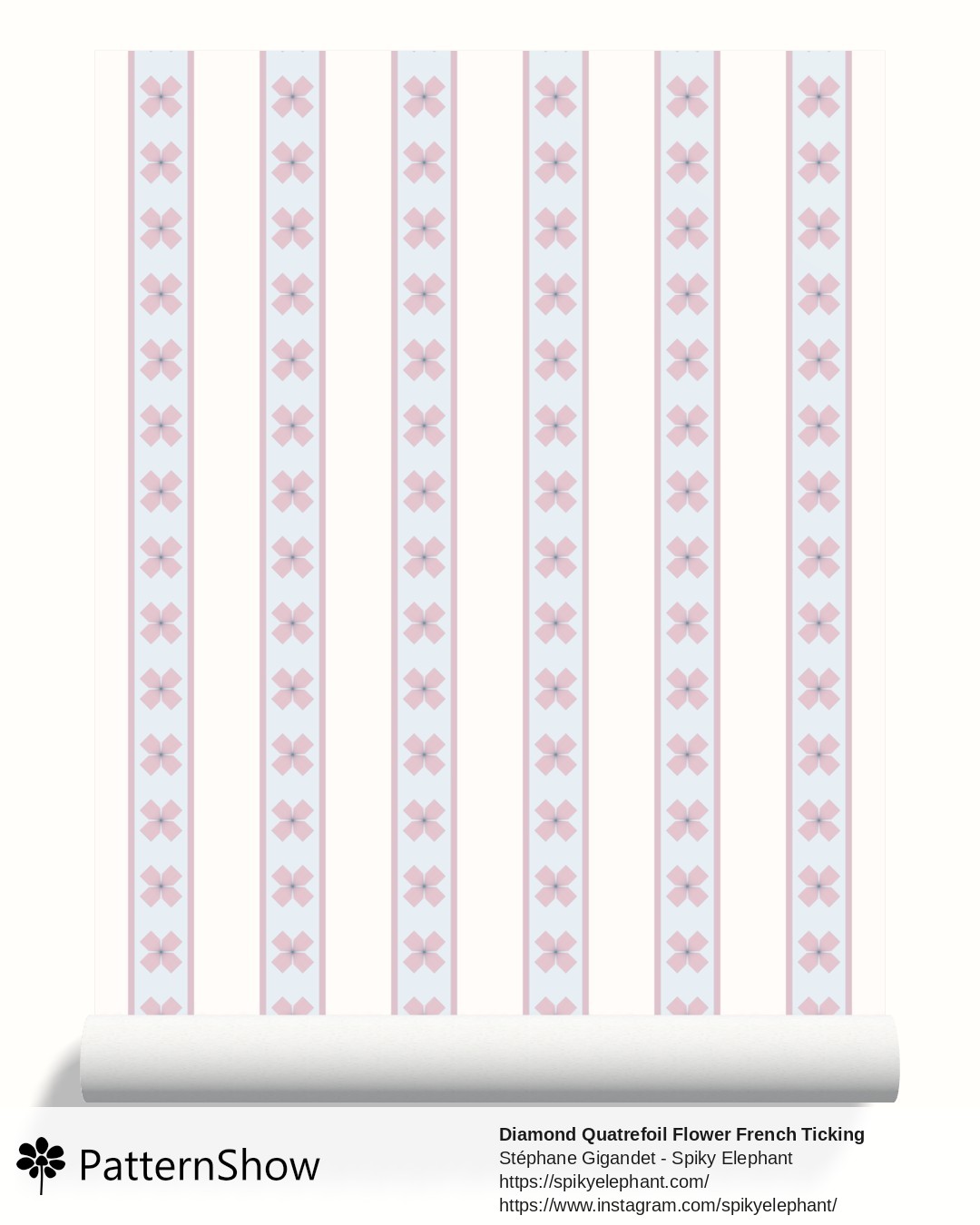 Diamond Quatrefoil Flower French Ticking Stripes wallpaper - Pastel Pink Blue Cream