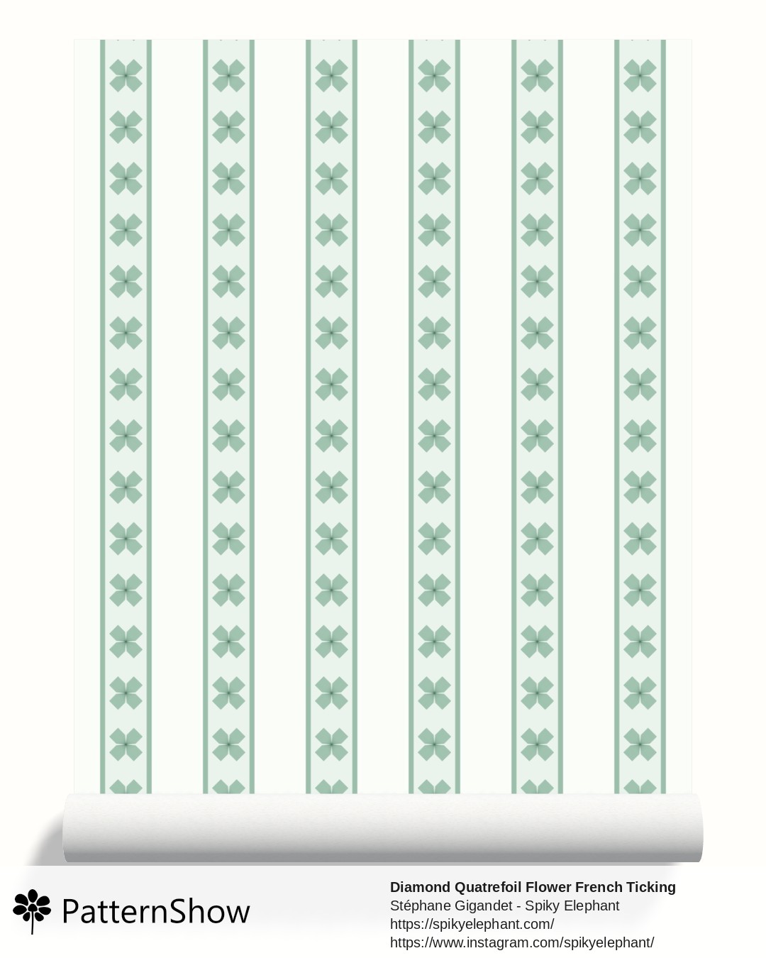 Diamond Quatrefoil Flower French Ticking Stripes wallpaper - Mint Seafoam Cream