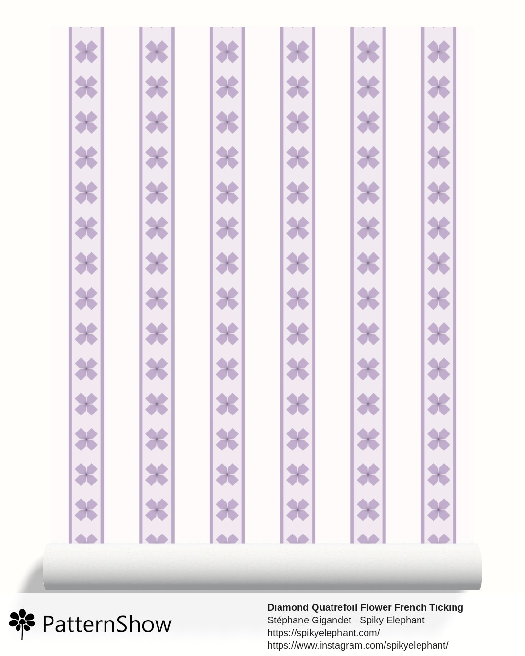 Diamond Quatrefoil Flower French Ticking Stripes wallpaper - Lavender Mauve Cream