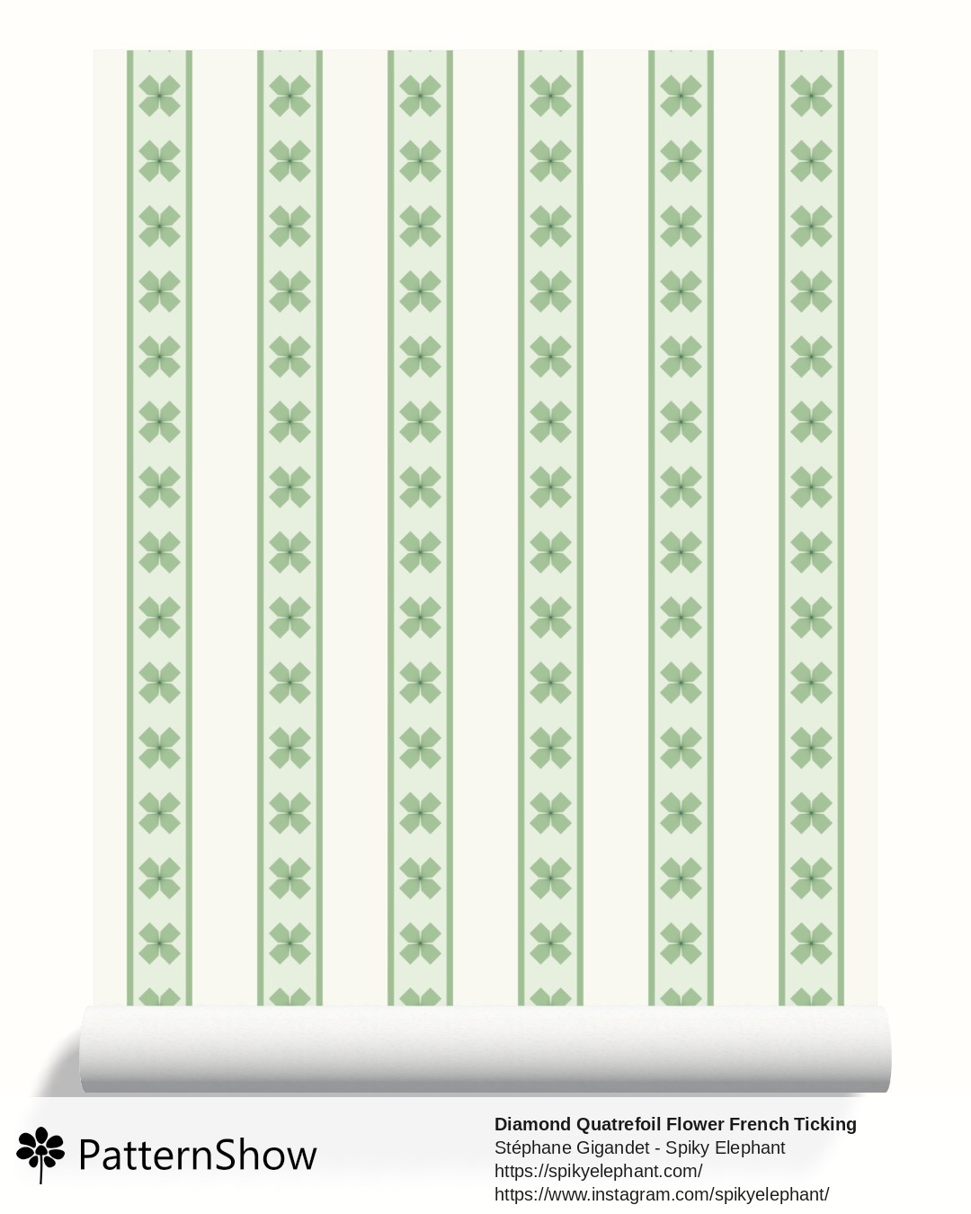 Diamond Quatrefoil Flower French Ticking Stripes wallpaper - Green Cream