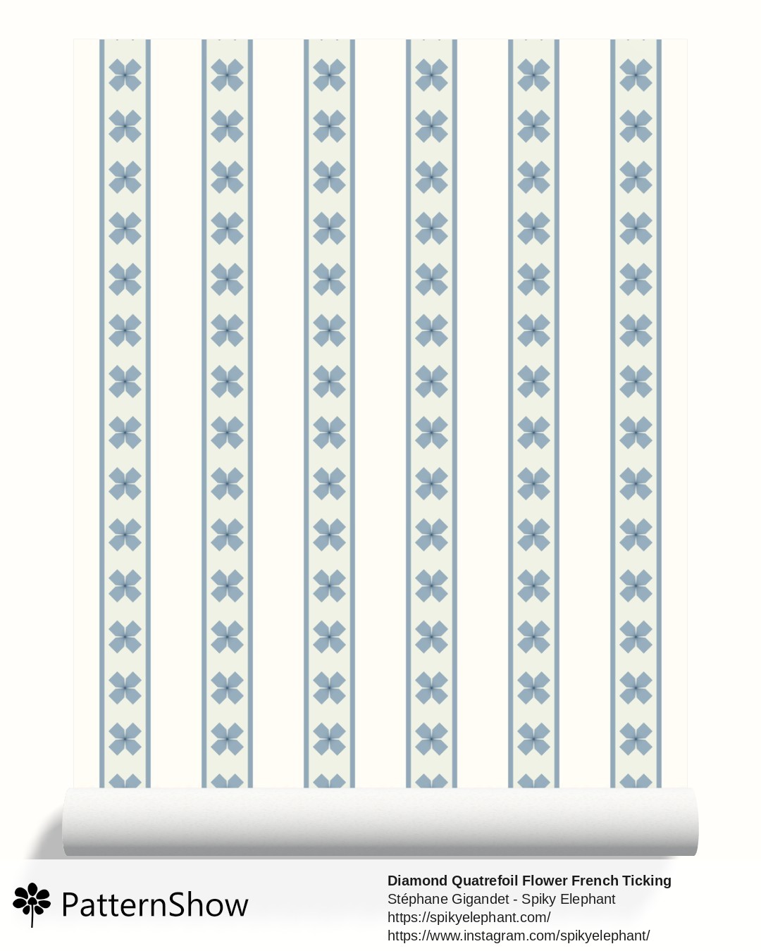 Diamond Quatrefoil Flower French Ticking Stripes wallpaper - Grandmillennial Blue Green