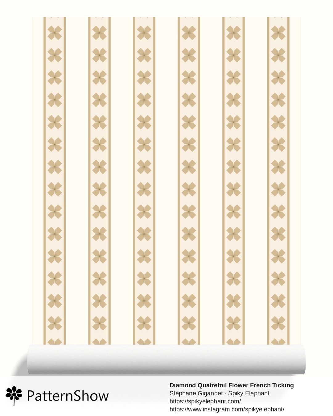 Diamond Quatrefoil Flower French Ticking Stripes wallpaper - Gold Beige Cream