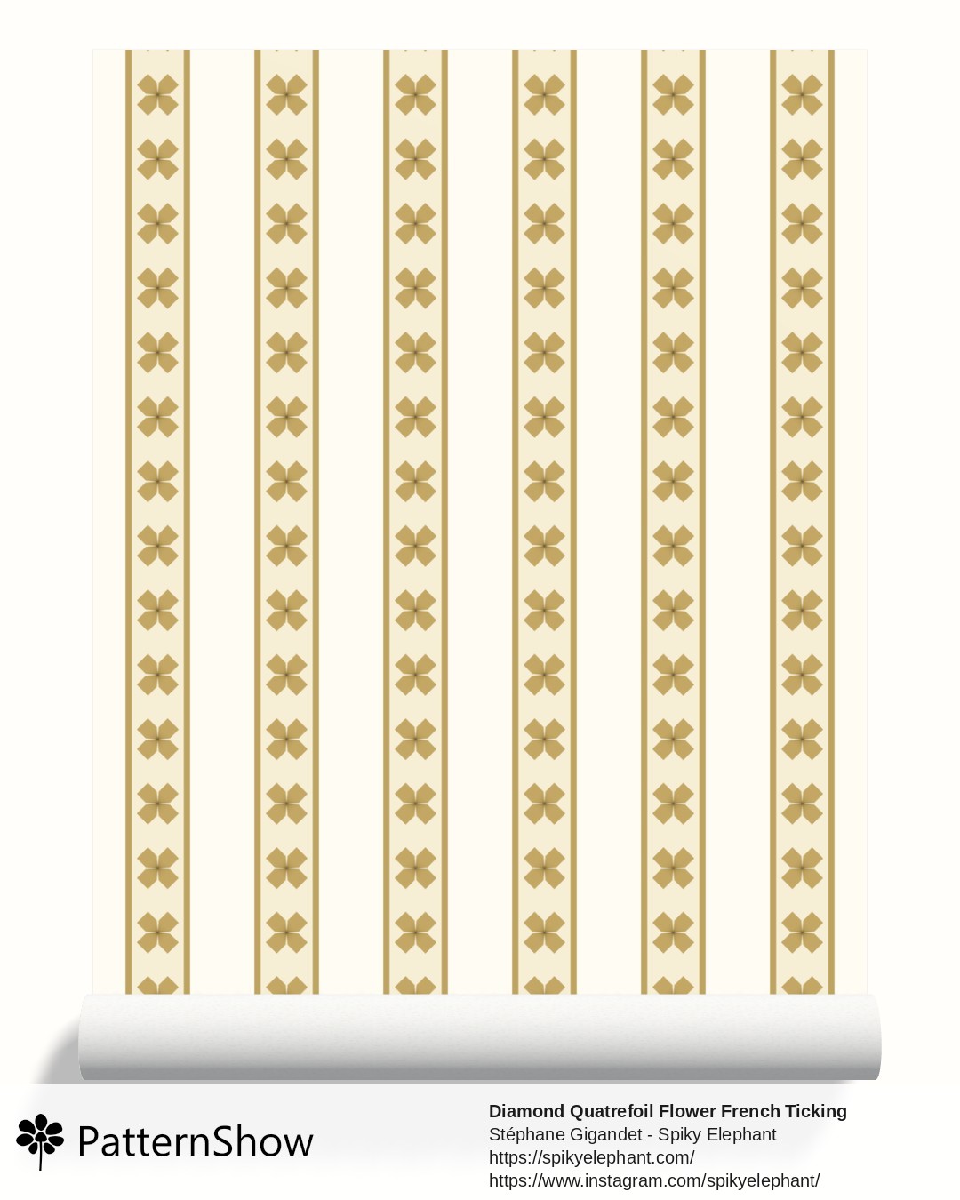 Diamond Quatrefoil Flower French Ticking Stripes wallpaper - Dusty Mustard Cream