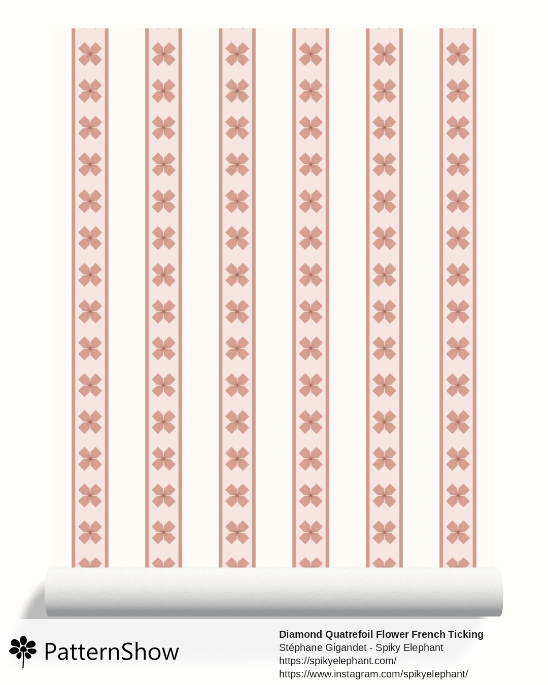 Diamond Quatrefoil Flower French Ticking Stripes wallpaper - Blush Coral Cream