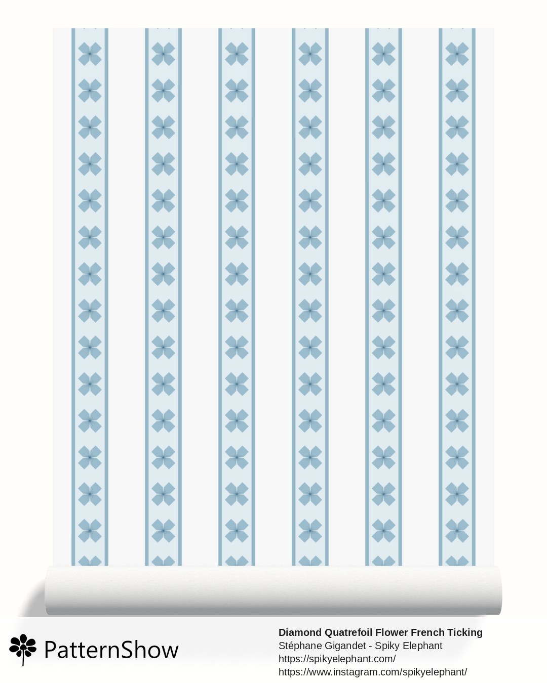 Diamond Quatrefoil Flower French Ticking Stripes wallpaper - Blue Cream