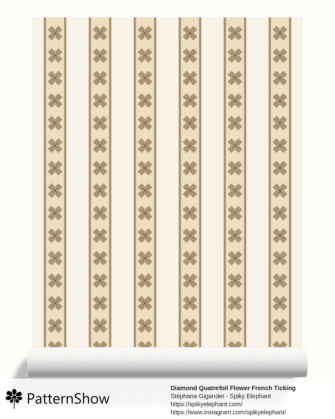 Diamond Quatrefoil Flower French Ticking Stripes wallpaper - Black Brown Beige