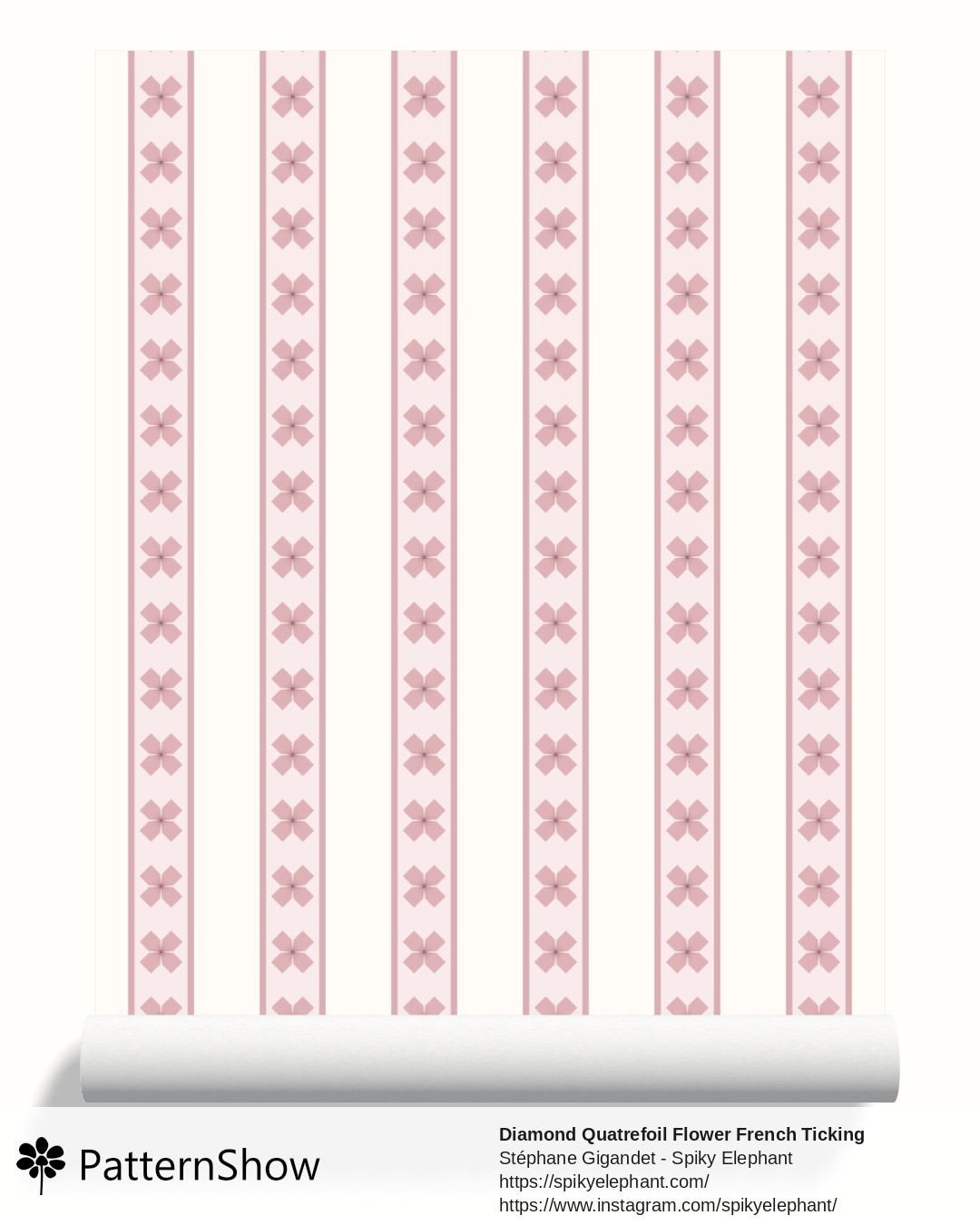 Diamond Quatrefoil Flower French Ticking Stripes wallpaper - Baby Pink