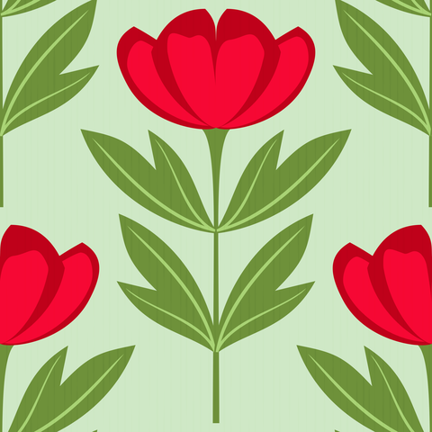 Bright Red Peony Flowers Green Cream