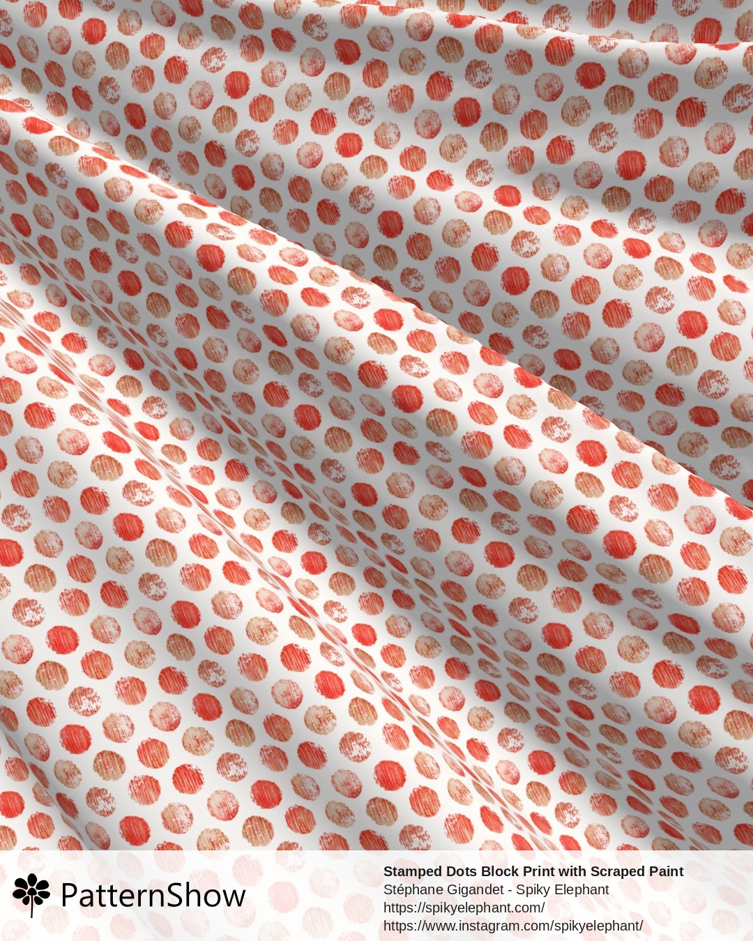 Stamped Dots Block Print with Scraped Paint Brush Strokes - Red Beige Wood