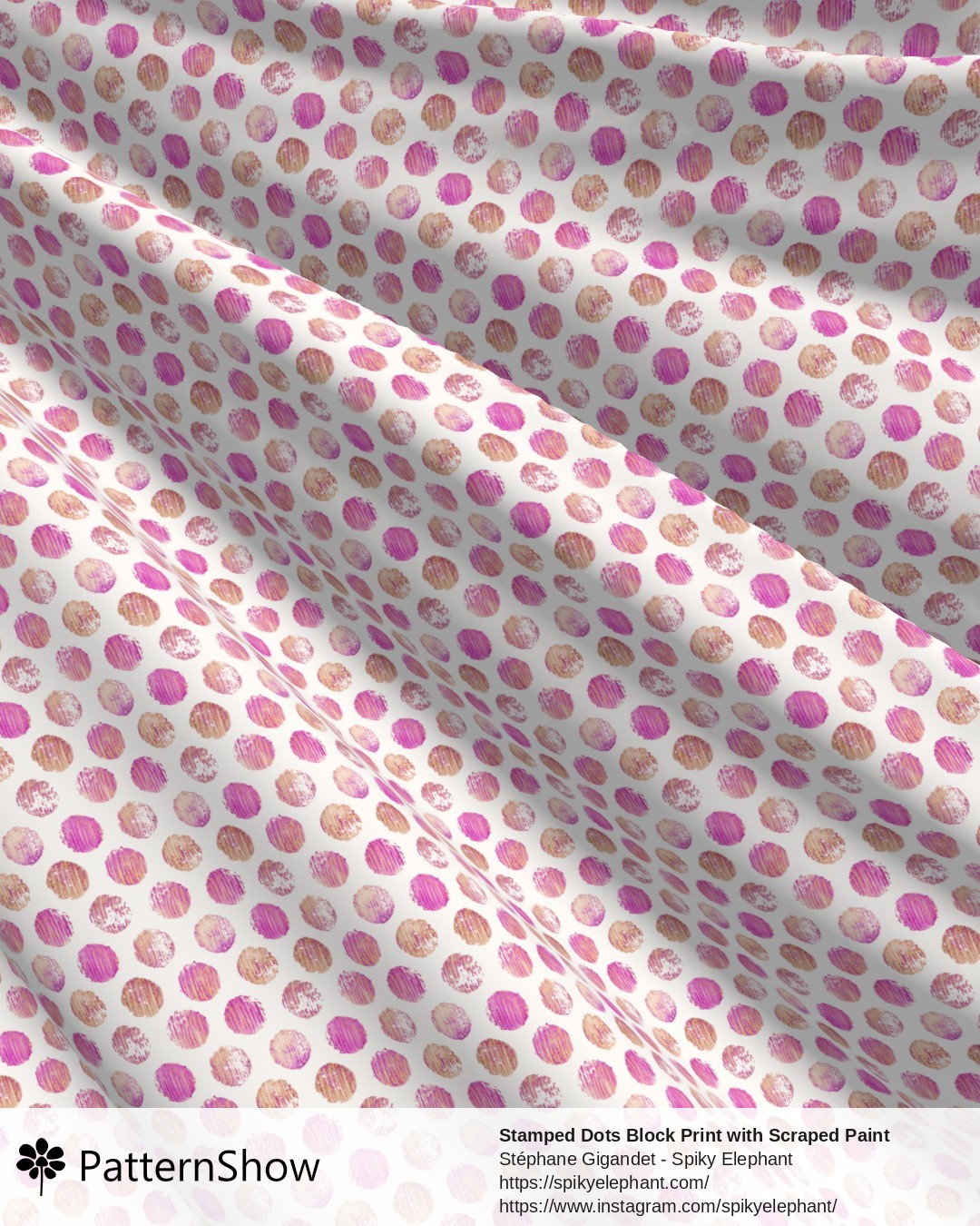 Stamped Dots Block Print with Scraped Paint Brush Strokes - Pink Beige Wood