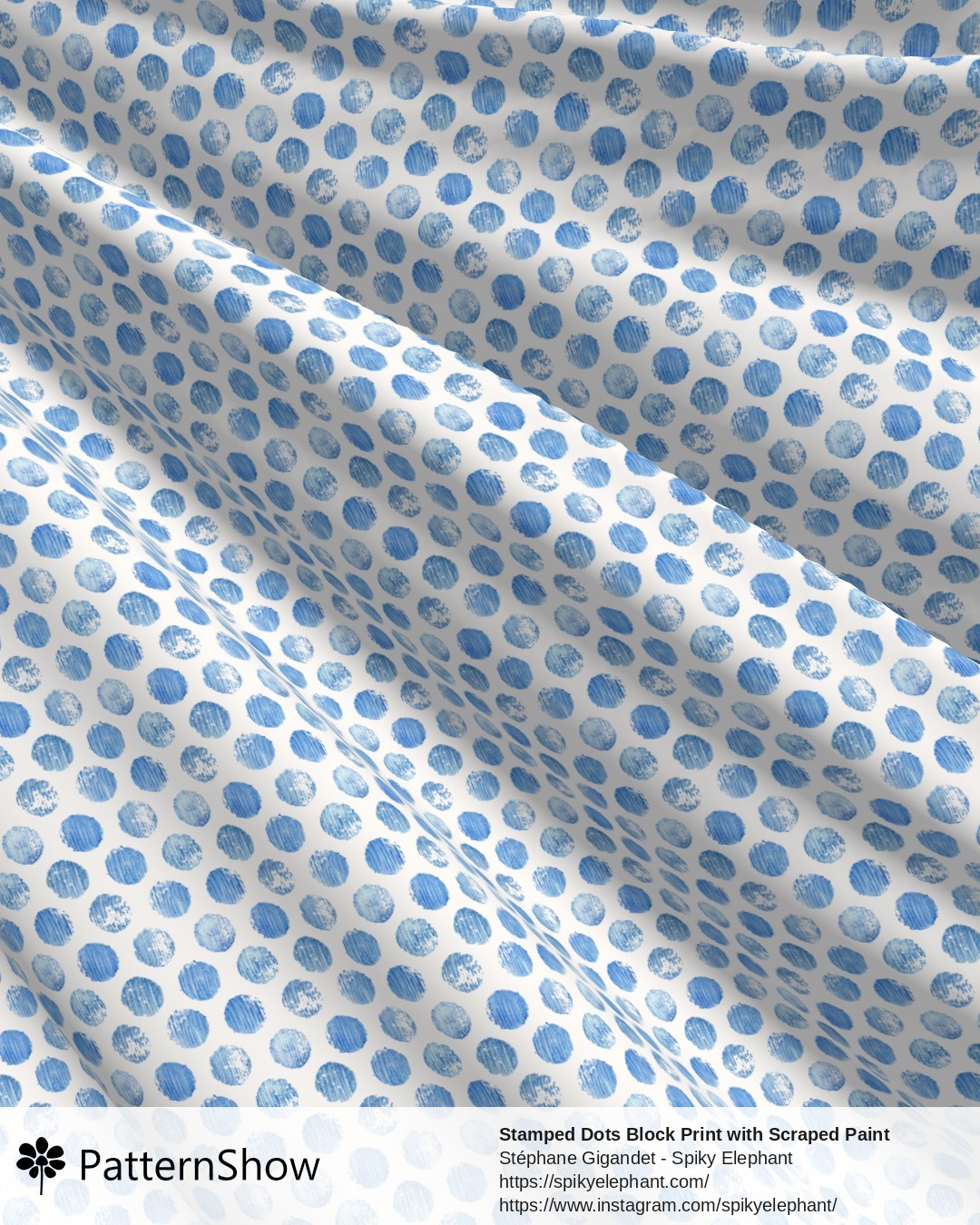 Stamped Dots Block Print with Scraped Paint Brush Strokes - Blue