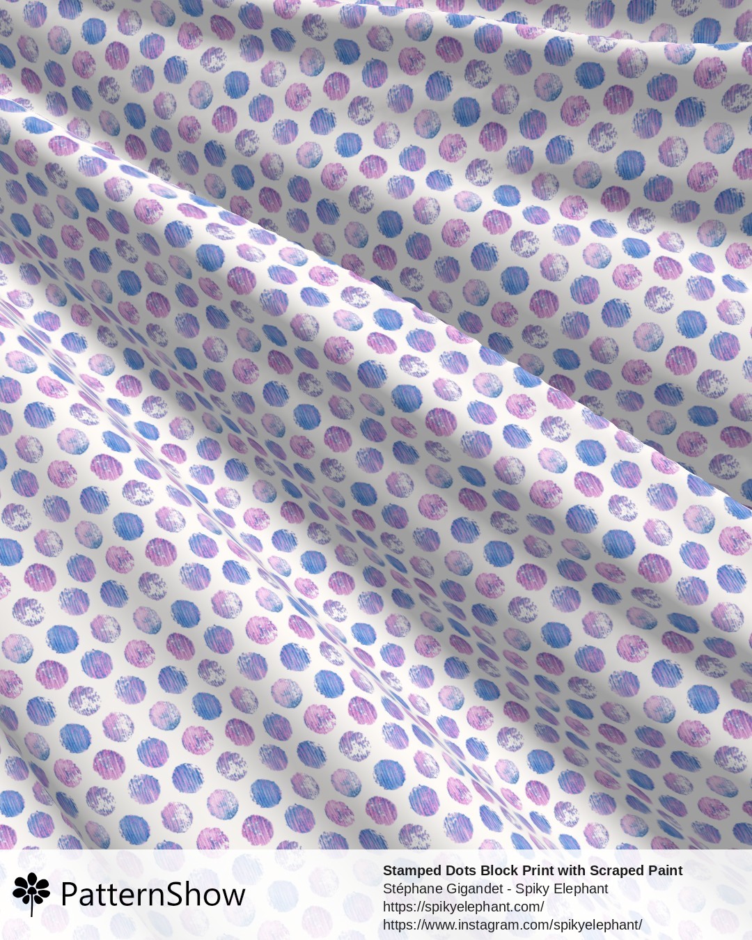 Stamped Dots Block Print with Scraped Paint Brush Strokes - Blue Pink