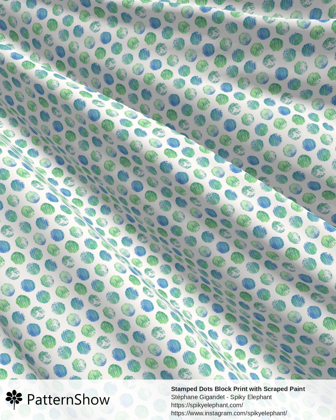 Stamped Dots Block Print with Scraped Paint Brush Strokes - Blue Green