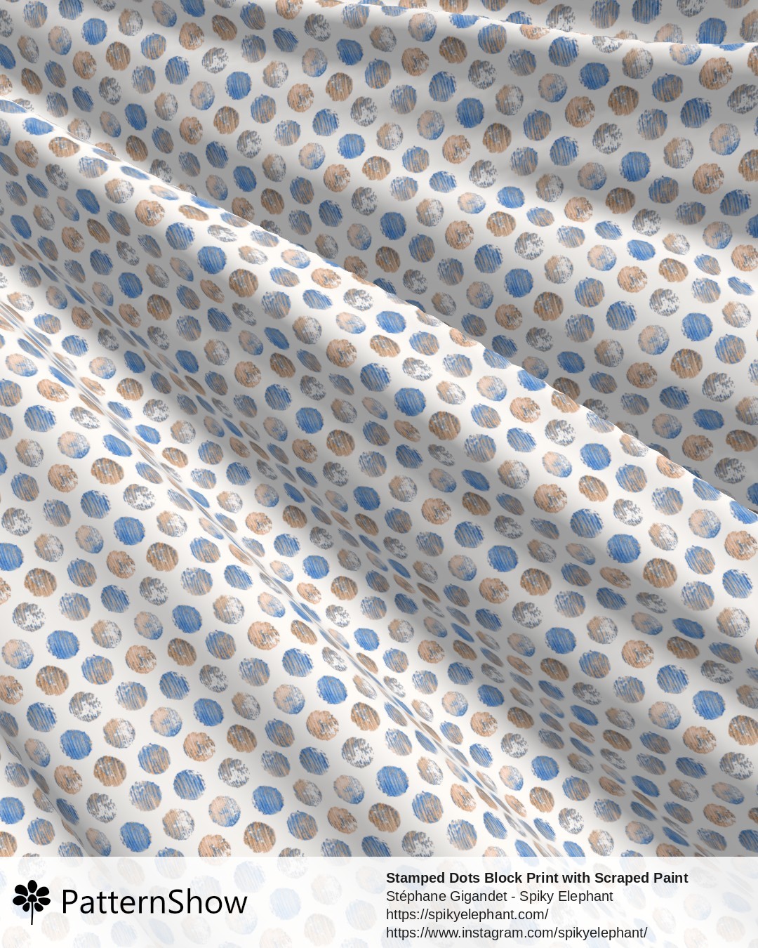 Stamped Dots Block Print with Scraped Paint Brush Strokes - Blue Beige Wood