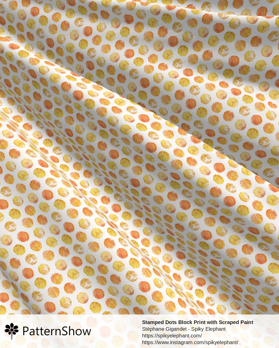 Stamped Dots Block Print with Scraped Paint Brush Strokes - Yellow Orange