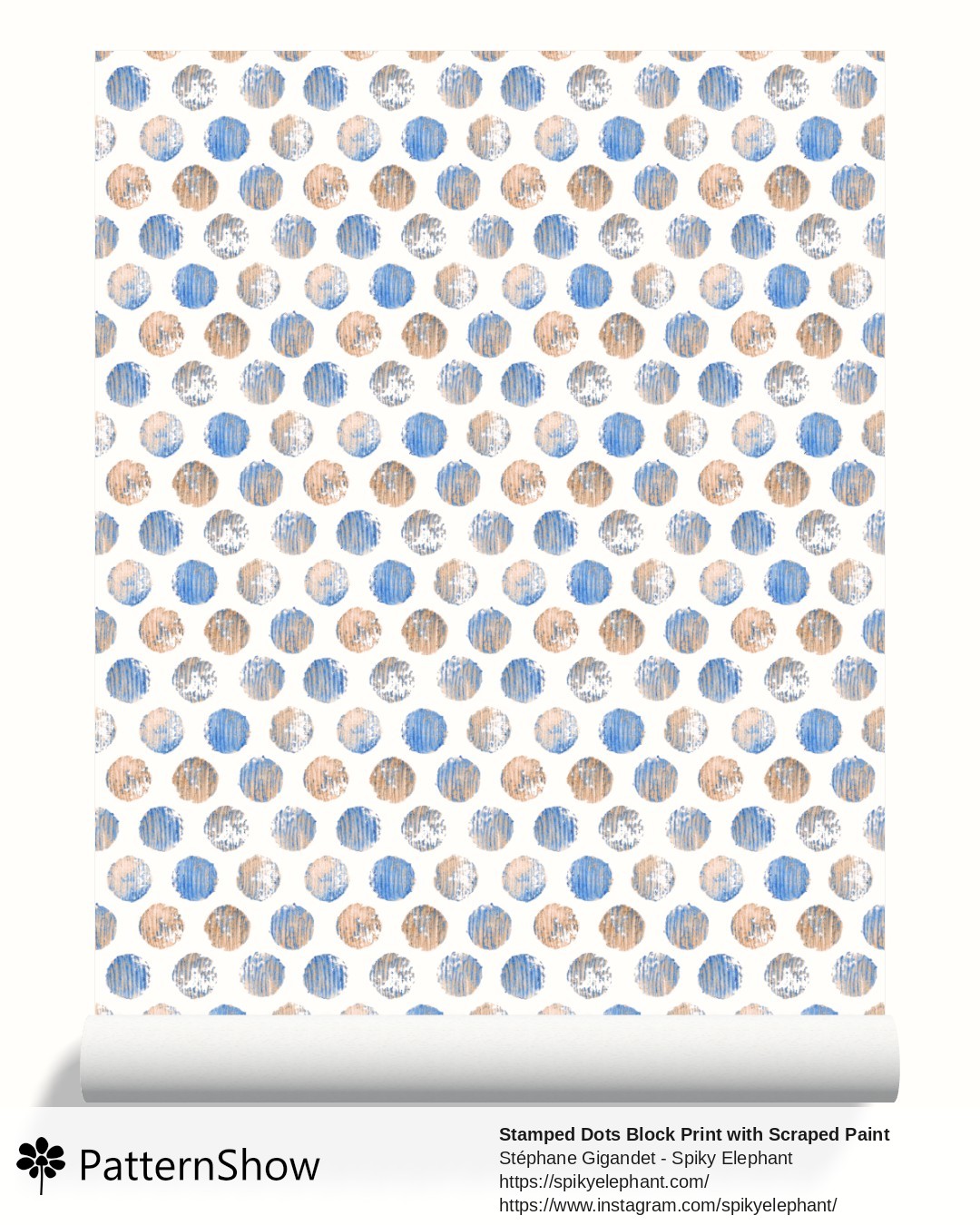 Stamped Dots Block Print with Scraped Paint Brush Strokes wallpaper - Blue Beige Wood