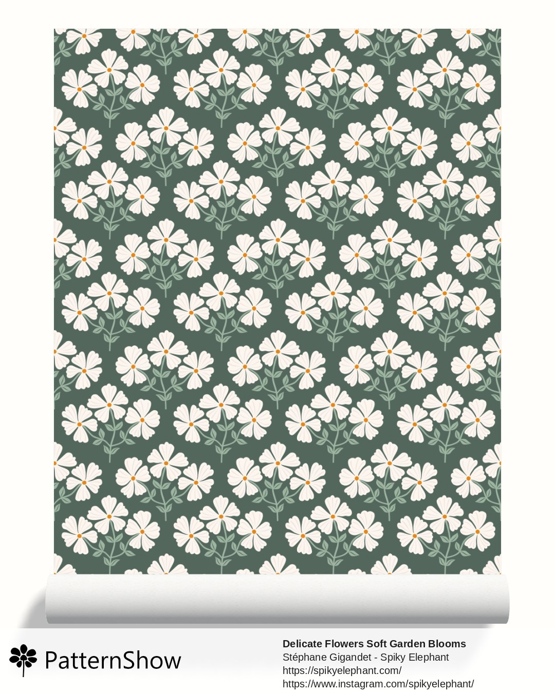 Delicate Flowers Soft Garden Blooms wallpaper - White Orange Dark Sage Green