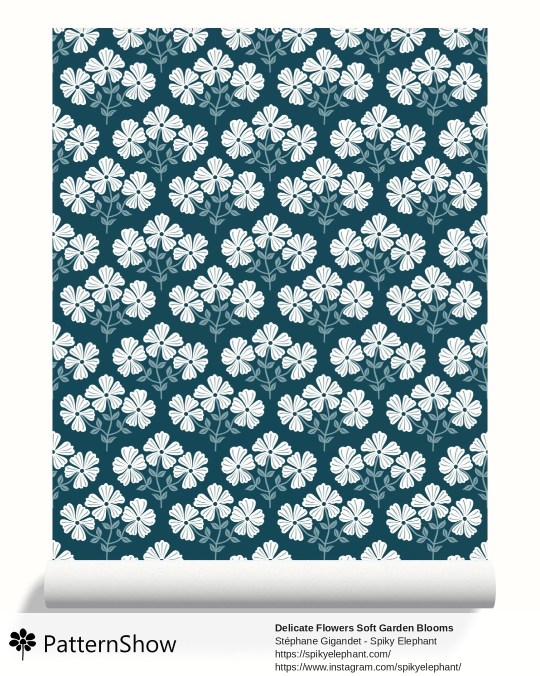 Delicate Flowers Soft Garden Blooms wallpaper - White Dark Teal Navy Blue