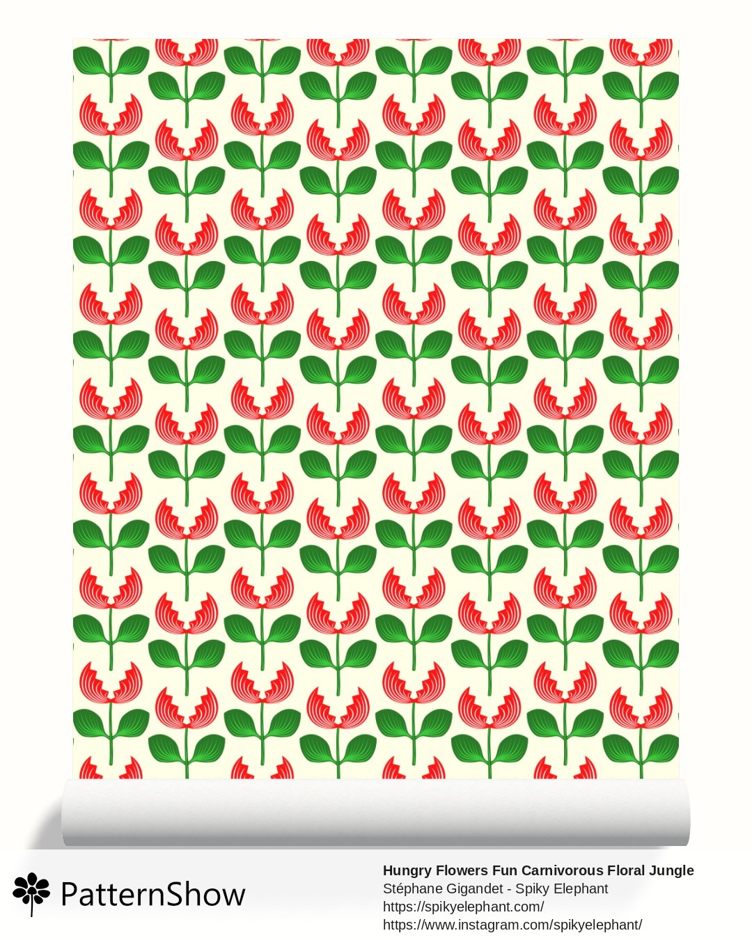 Hungry Flowers Fun Carnivorous Floral Jungle Plants wallpaper - Red Off White Cream