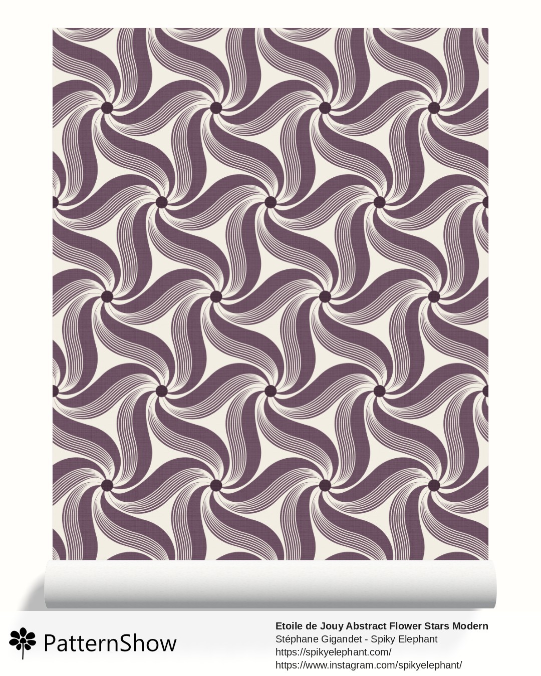 Etoile de Jouy Abstract Flower Stars Modern Toile wallpaper - Vintage Aubergine Luxury Mulberry Cream