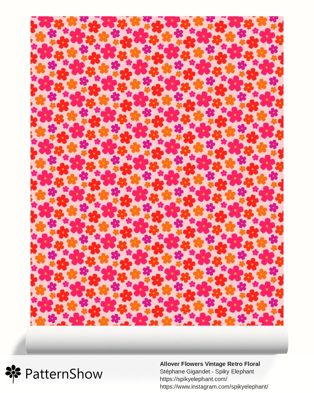 Allover Flowers Vintage Retro Floral wallpaper - Vibrant Hot Pink Red Orange Purple