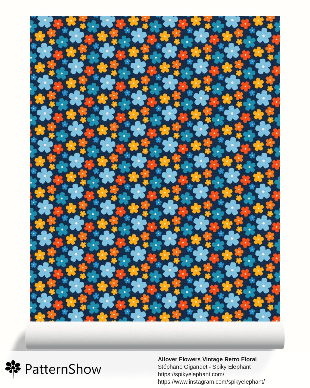 Allover Flowers Vintage Retro Floral wallpaper - Navy Blue Hawaii Red Orange Yellow