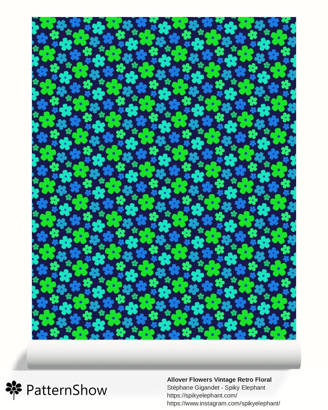 Allover Flowers Vintage Retro Floral wallpaper - Navy Blue Indigo Turquoise Green