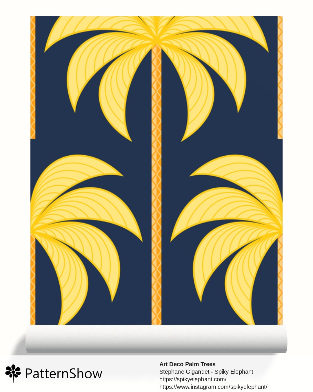 Art Deco Palm Trees wallpaper - Yellow Gold Dark Aegean Blue Navy Indigo