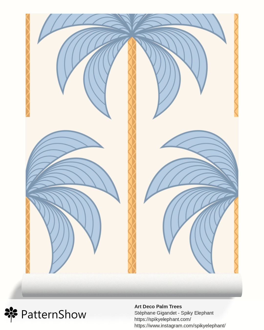 Art Deco Palm Trees wallpaper - Coastal Dusty Blue Brown Gold Beige Cream