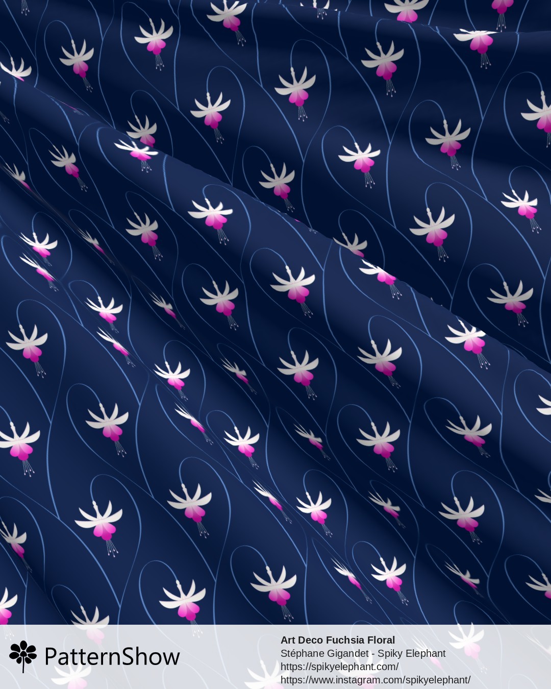Art Deco Fuchsia Floral - Navy Blue - White Purple Pink Flowers