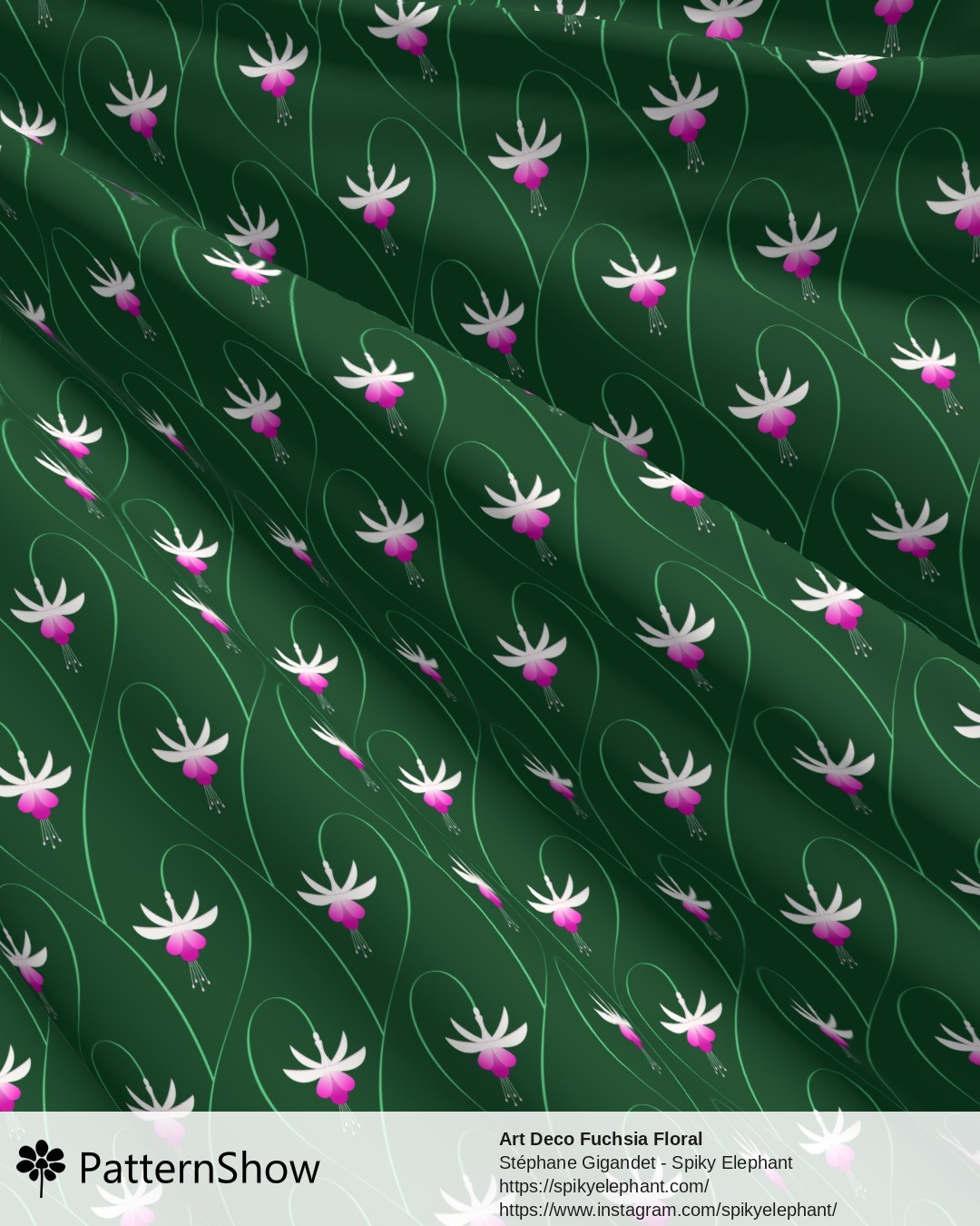 Art Deco Fuchsia Floral - Dark Green - White Purple Pink Flowers