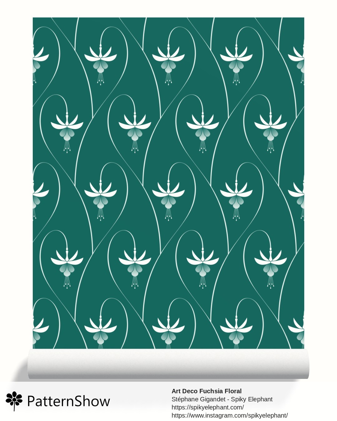 Art Deco Fuchsia Floral wallpaper - Teal Blue Green - White Flowers