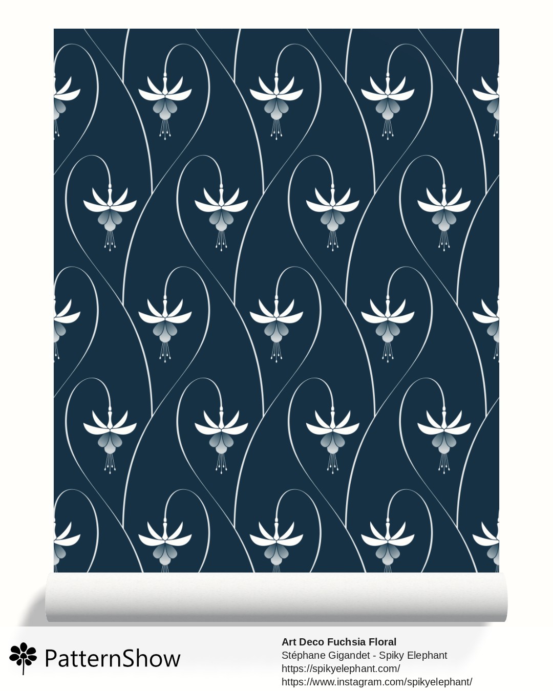 Art Deco Fuchsia Floral wallpaper - Prussian Blue - White Flowers