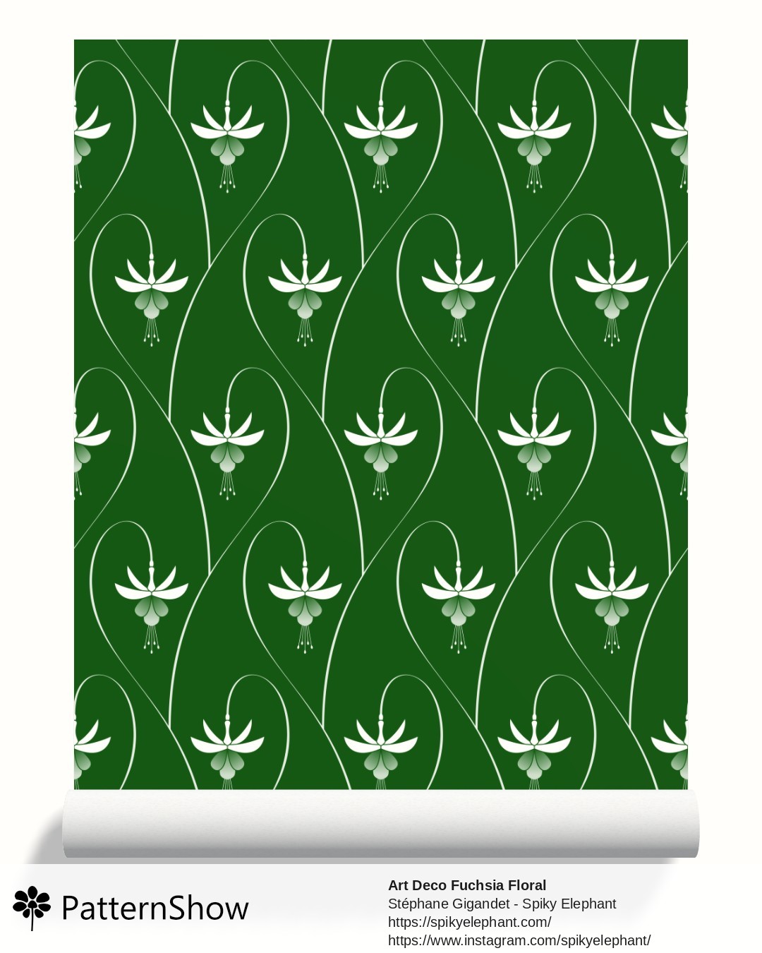 Art Deco Fuchsia Floral wallpaper - Forest Green - White Flowers