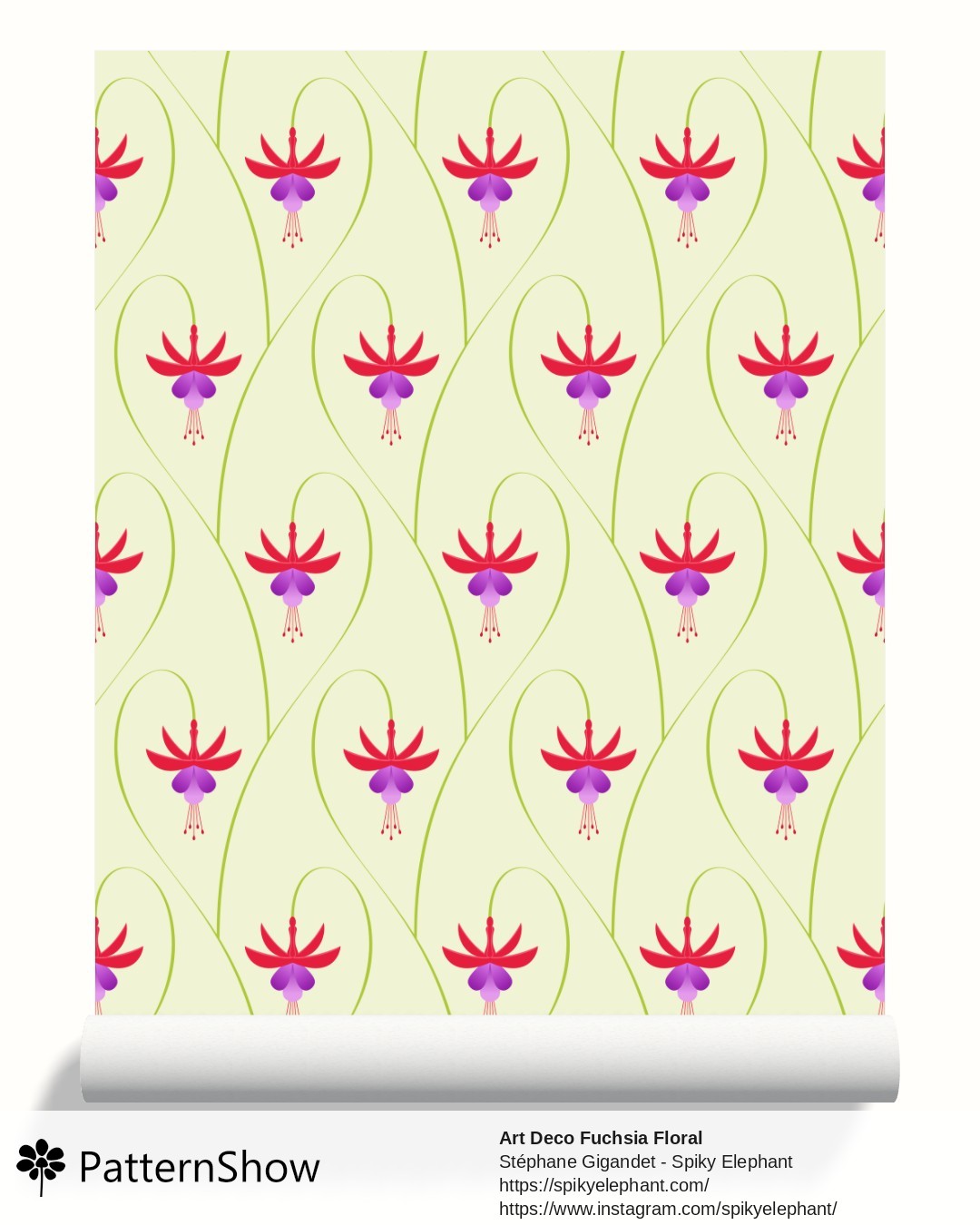 Art Deco Fuchsia Floral wallpaper - Green Peppermint - Red Purple Flowers