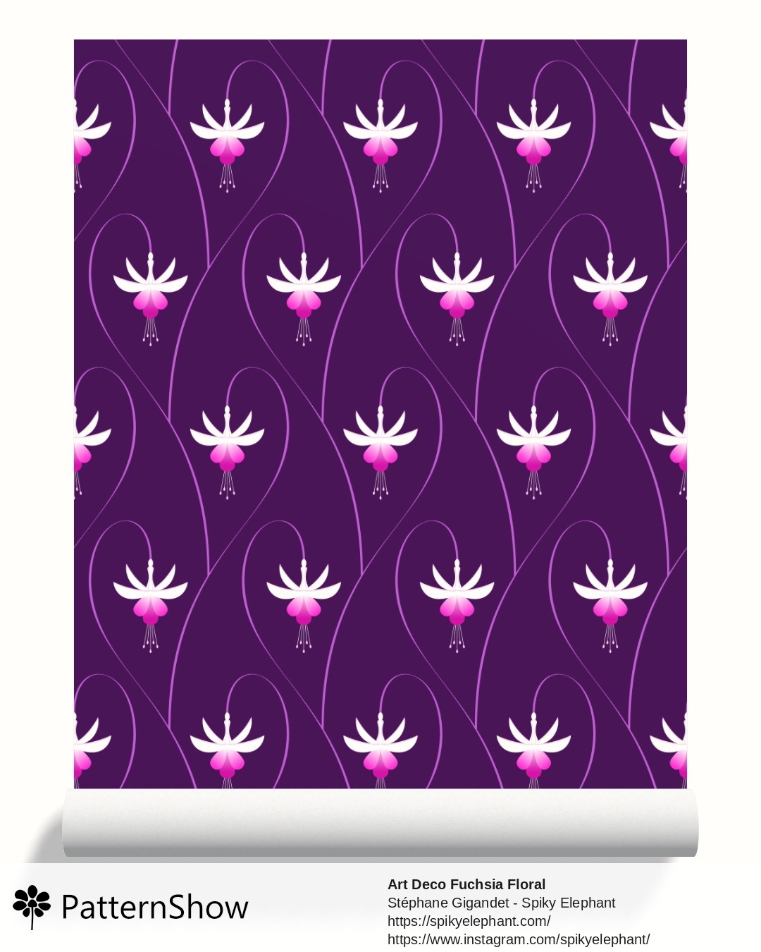 Art Deco Fuchsia Floral wallpaper - Dark Violet - White Purple Pink Flowers