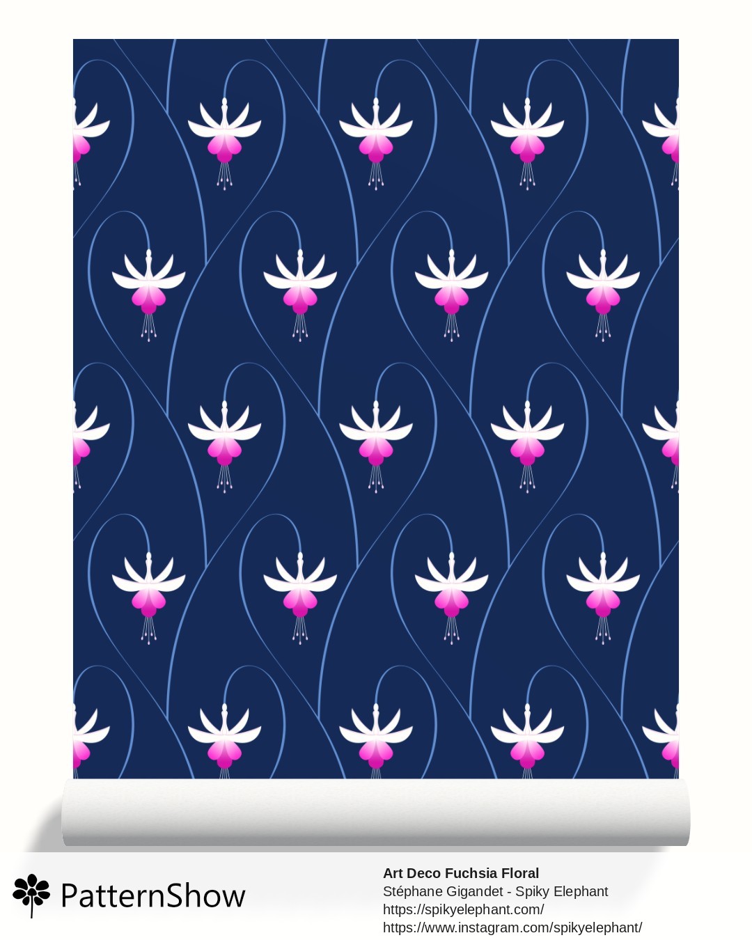 Art Deco Fuchsia Floral wallpaper - Navy Blue - White Purple Pink Flowers