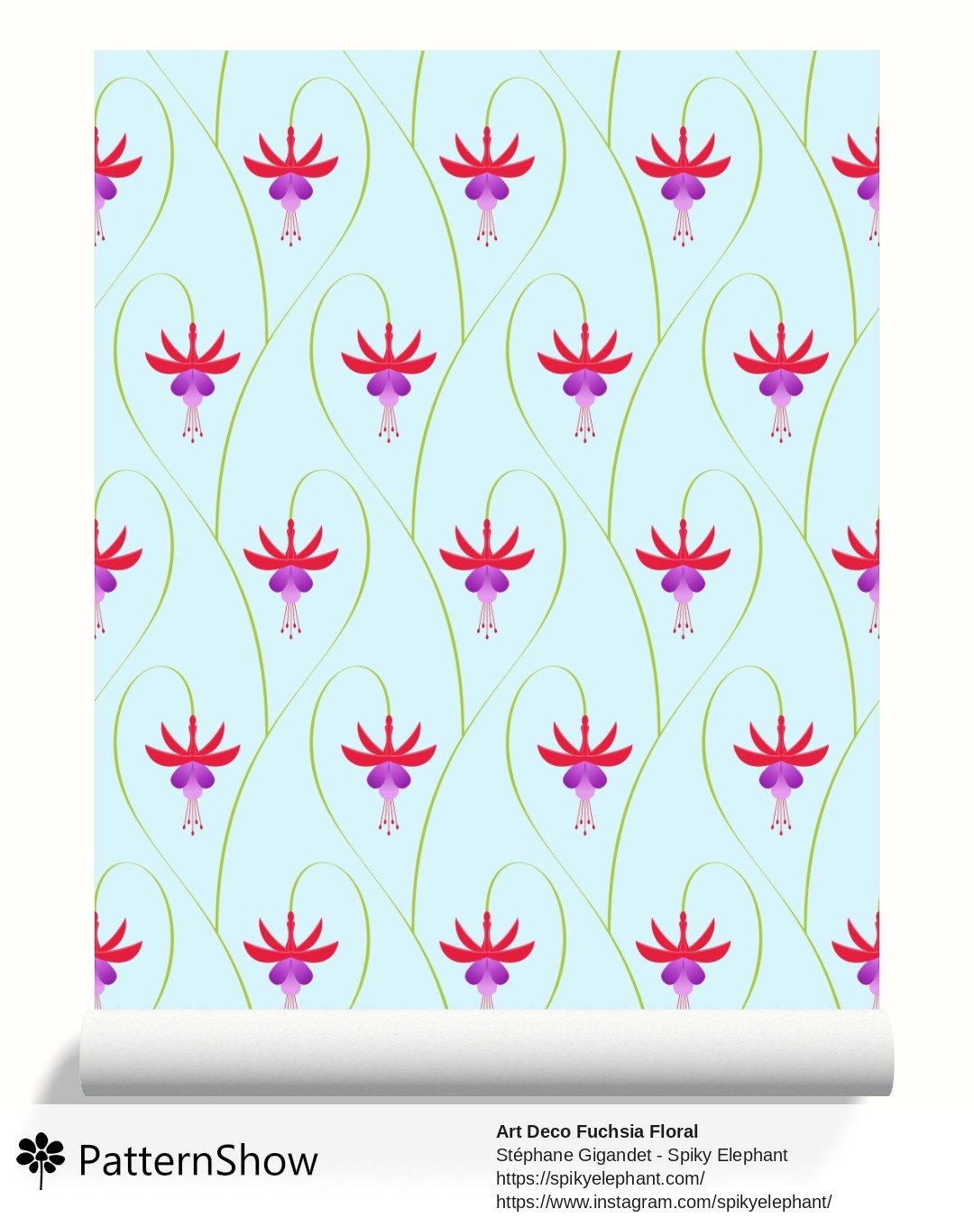 Art Deco Fuchsia Floral wallpaper - Light Blue - Red Purple Flowers