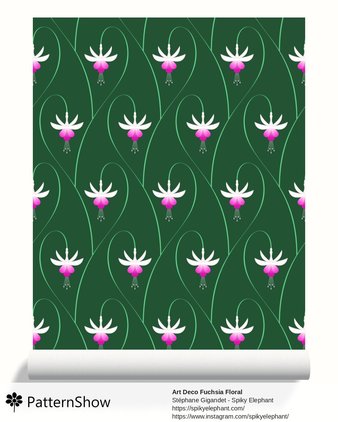 Art Deco Fuchsia Floral wallpaper - Dark Green - White Purple Pink Flowers