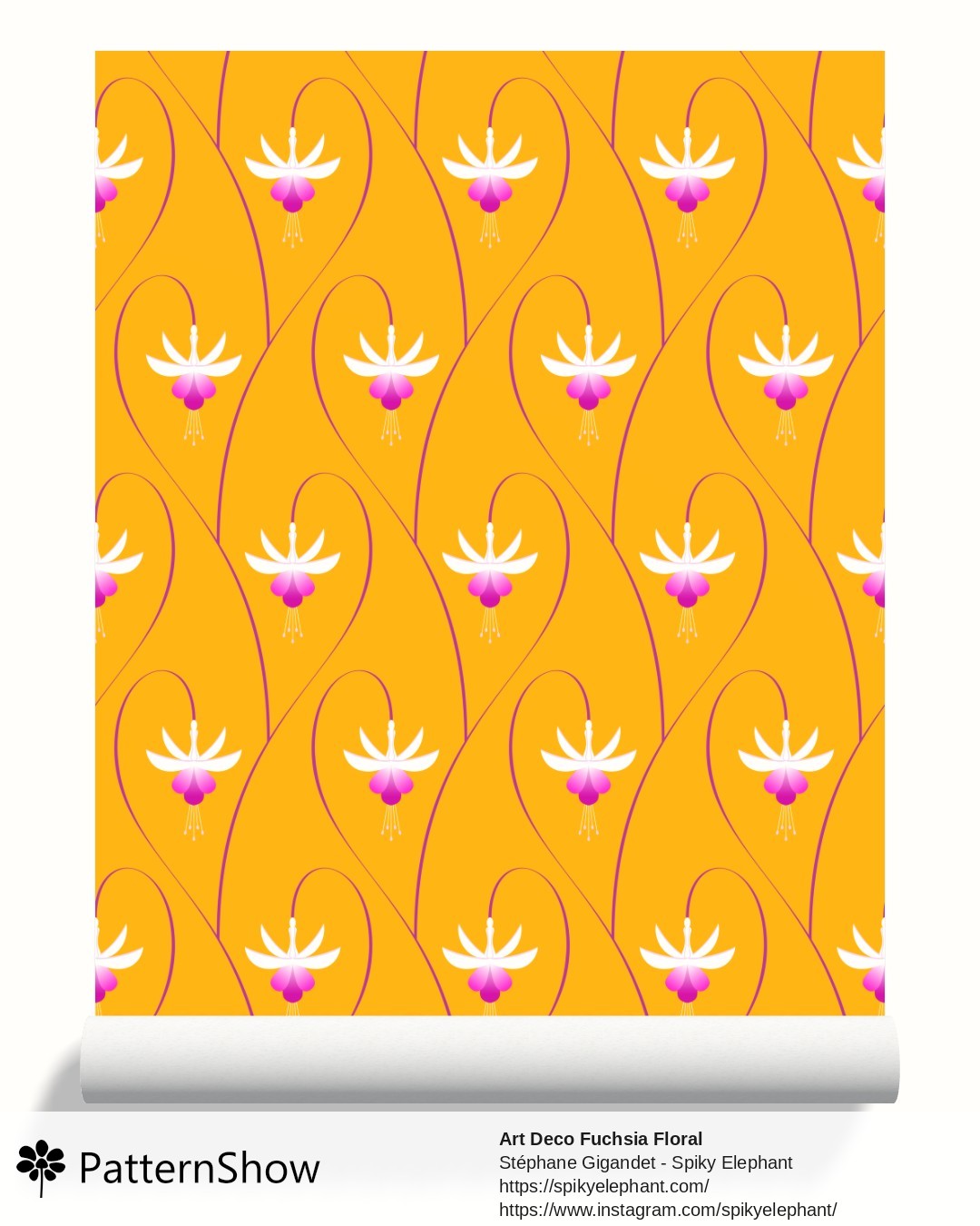 Art Deco Fuchsia Floral wallpaper - Gold Orange - White Purple Pink Flowers