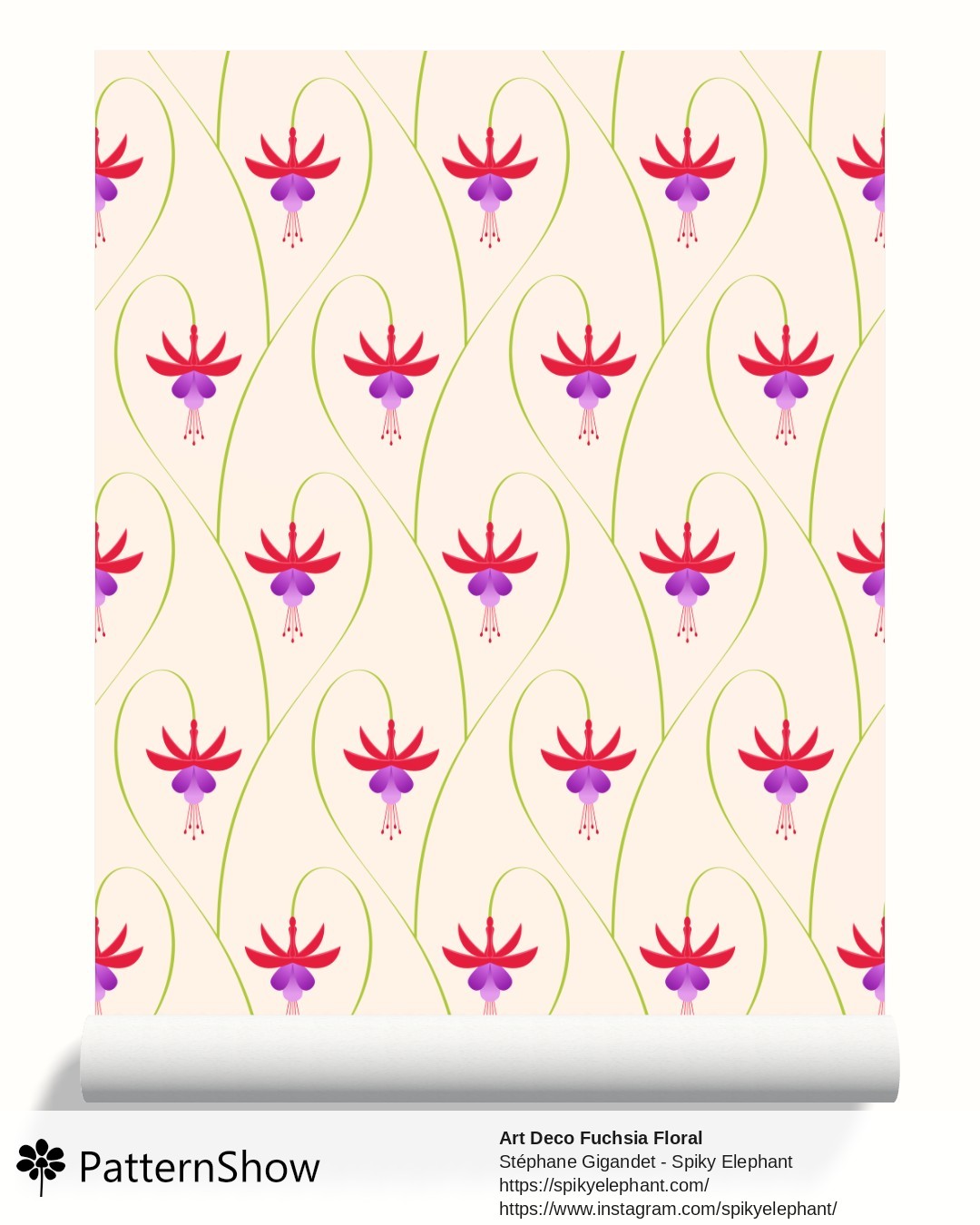 Art Deco Fuchsia Floral wallpaper - Soft Peach Cream - Red Purple Flowers