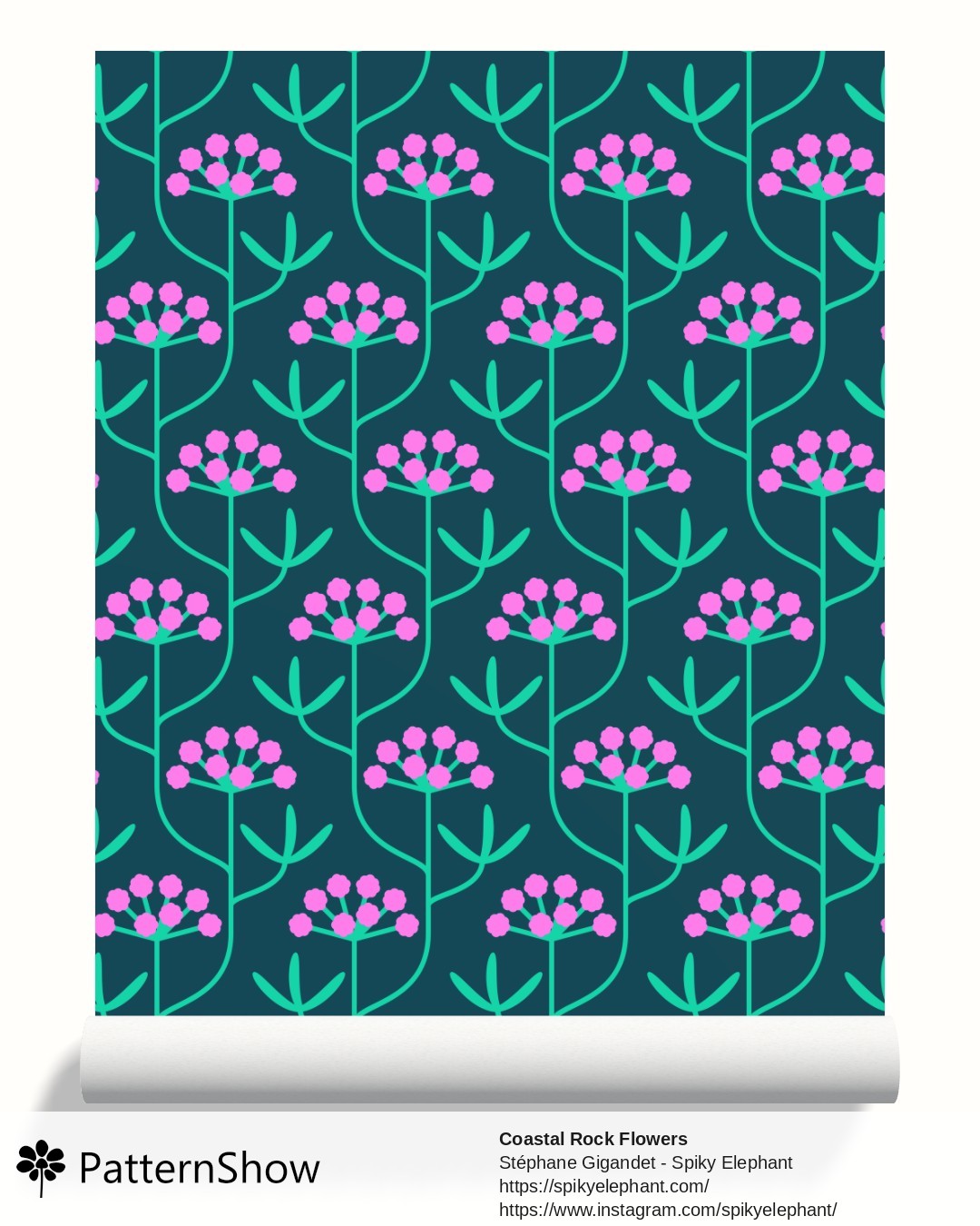 Coastal Rock Flowers wallpaper - Dark Teal Peacock Blue Aqua Mint Green Light Pink