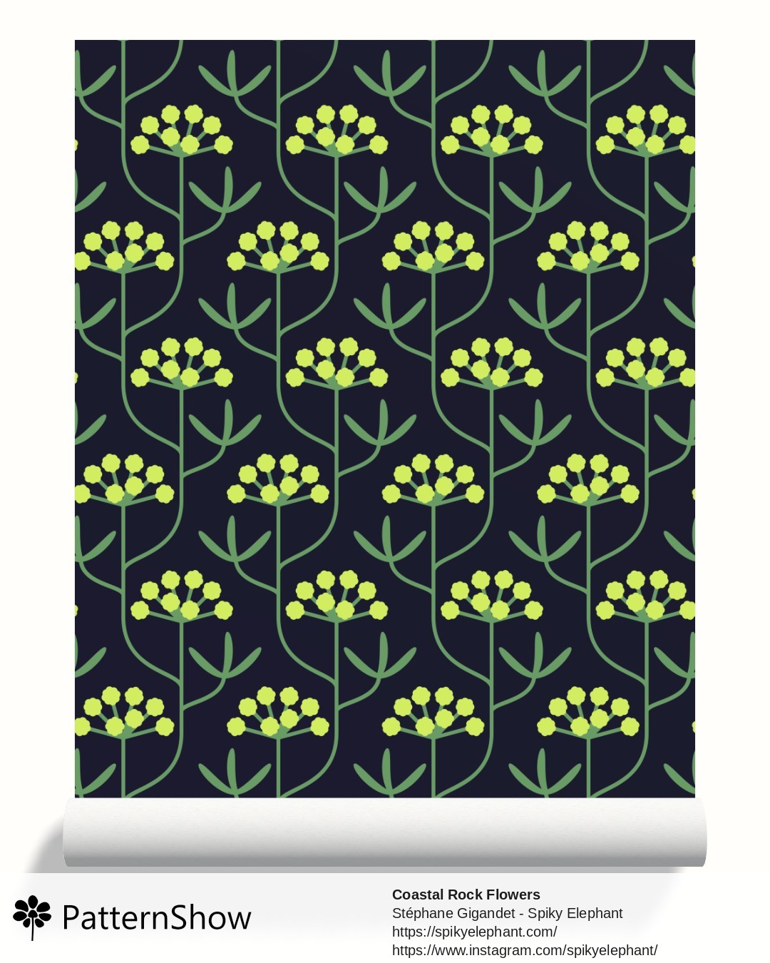Coastal Rock Flowers wallpaper - Dark Navy Blue Yellow Green