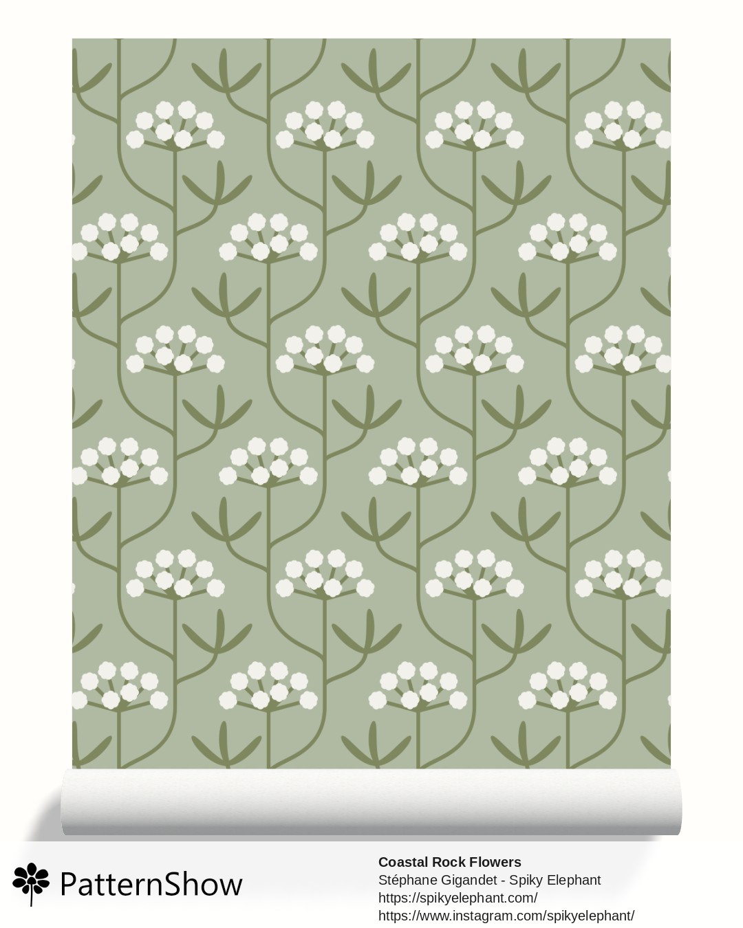 Coastal Rock Flowers wallpaper - Cottagecore Garden Sage Green White