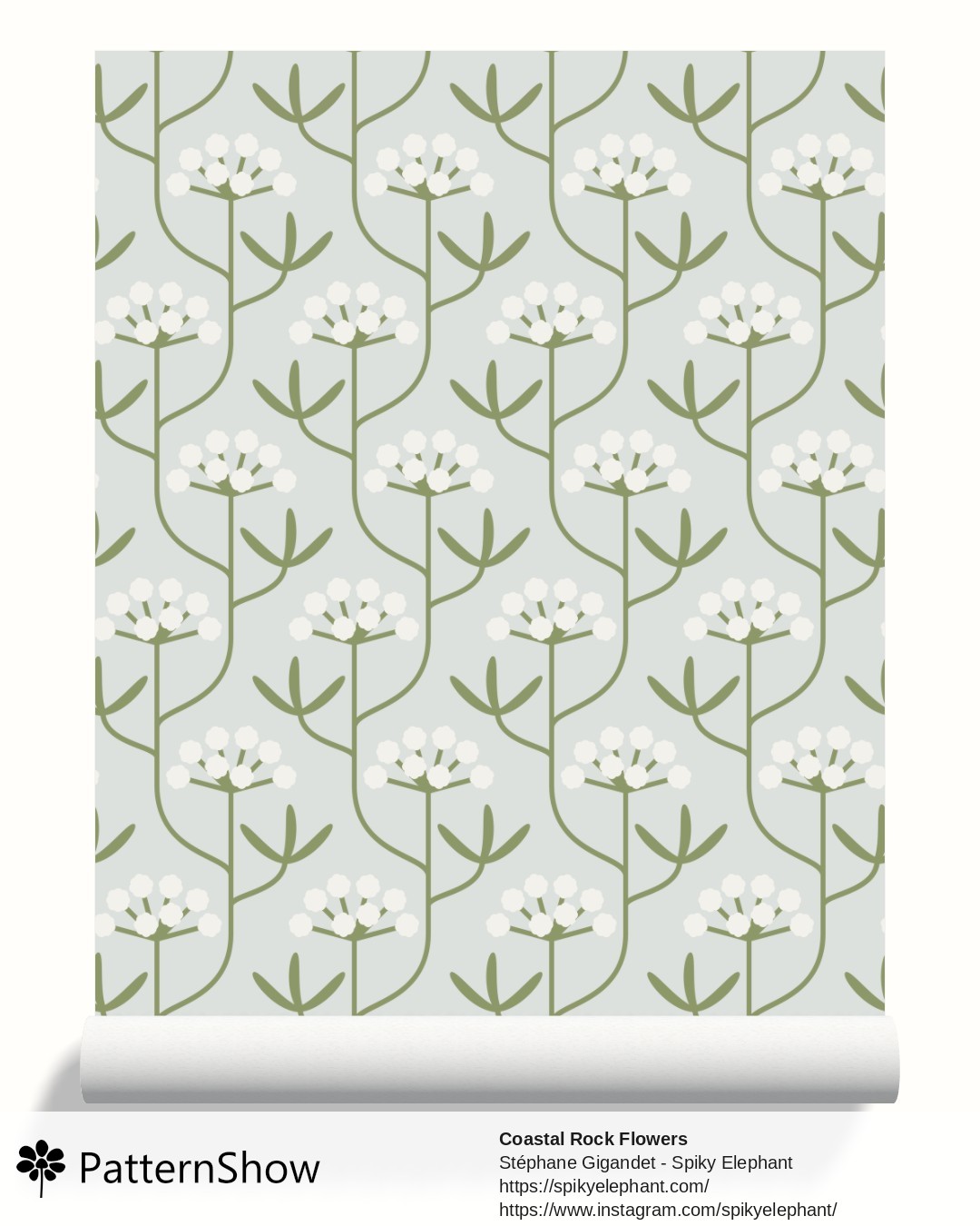 Coastal Rock Flowers wallpaper - French Country Light Grey Blue White Sage Green
